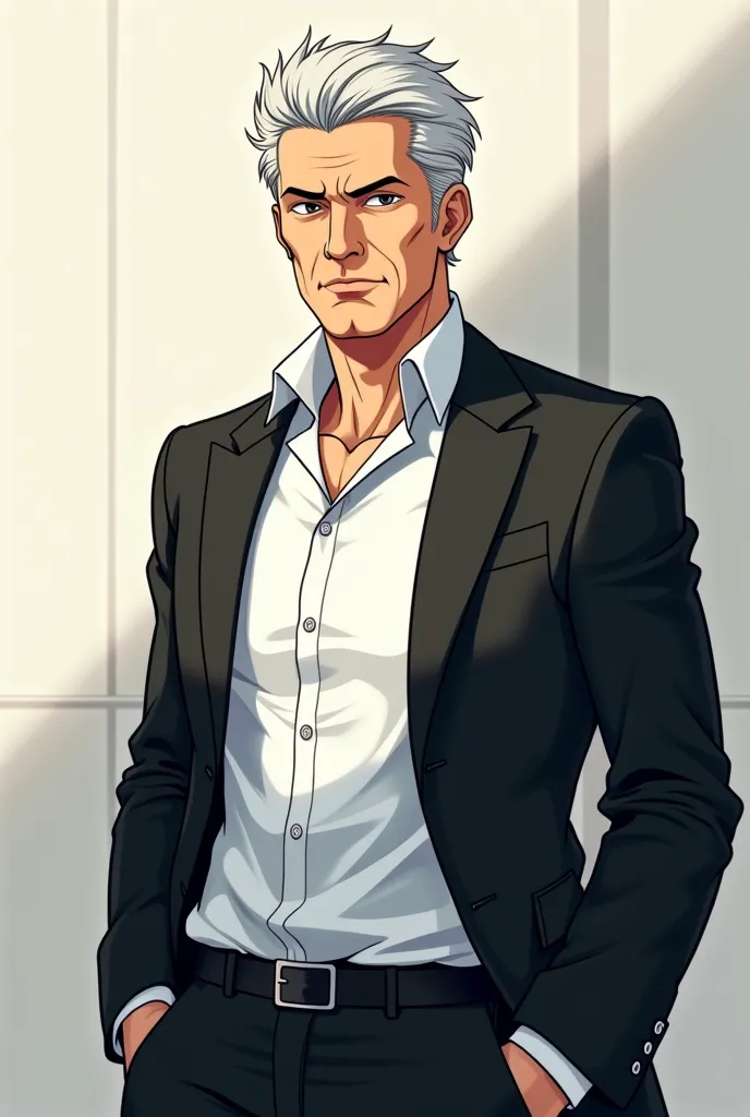 Anime style: a age man in a white shirt and a black jacket