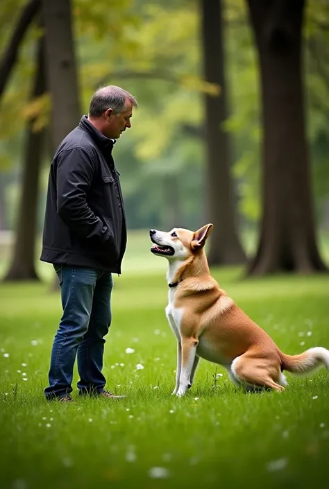 Zdjecie niech bedzie od boku. The man is facing the dog. Let it be against the background of the park , Trees , trawy . Let the dog be very very scared. 