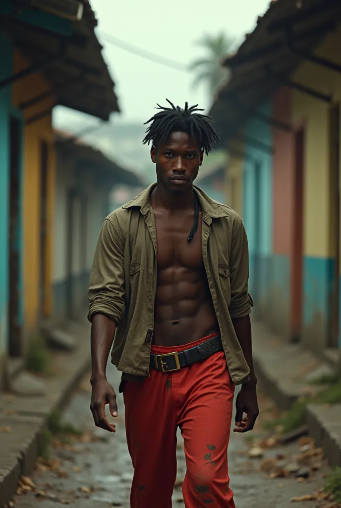 I want a young black man, thin, with torn clothes, red pants, in a Brazilian favela, Entering the life of crime 