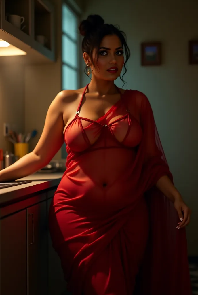 A voluptuous Indian aunty stands in the kitchen, wrapped in a sheer red chiffon saree, with no blouse or bra underneath. The soft, warm light barely illuminates her curvy figure, casting shadows that emphasize her full bust and wide hips. The saree’s sheer...