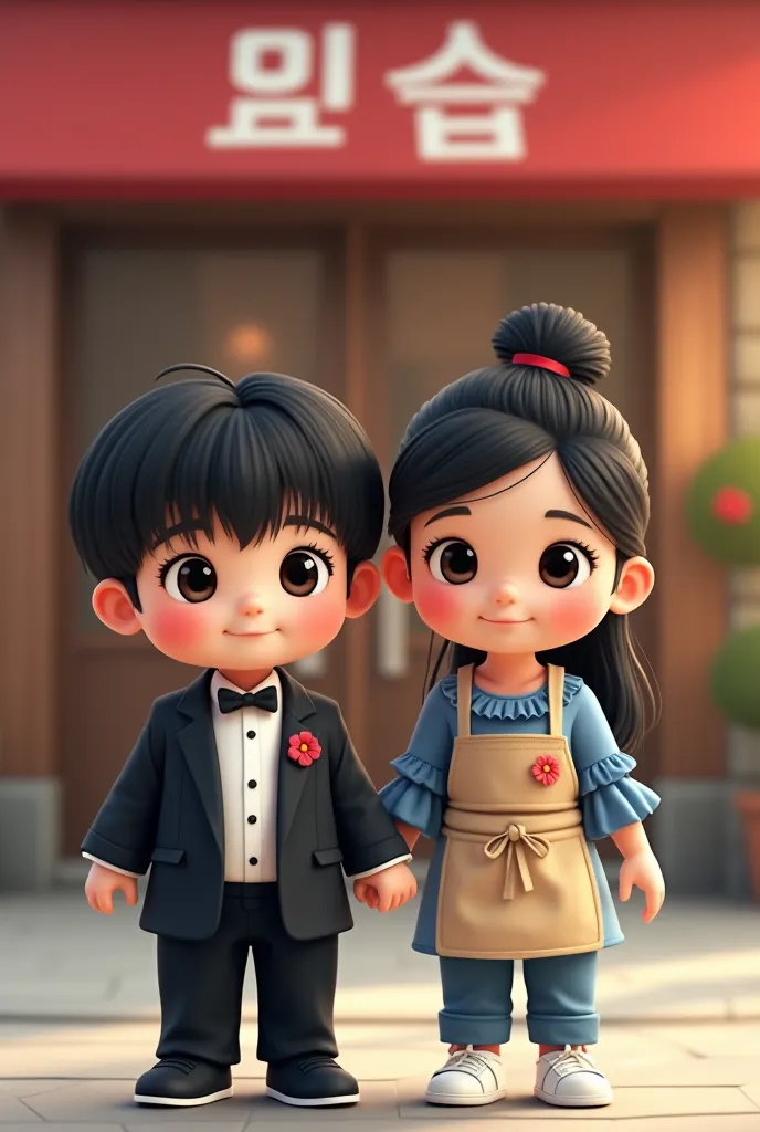 Design of a Korean baby with black hair ,  eyes black, buttons wearing a white shirt, a black ribbon and a black suit and black shoe. He is with his girlfriend, ele tem  eyes blacks, black hair ,she has bangs and her hair tied. She is wearing jeans and whi...