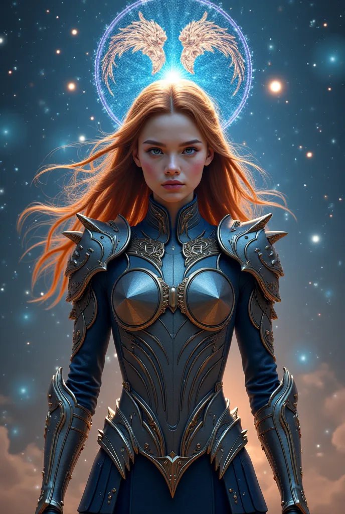 A girl with brown hair wearing a cufflinks armour 
Above the head, the Gemini constellation must have a cosmic light and the Gemini armor must have 2 equal faces. 