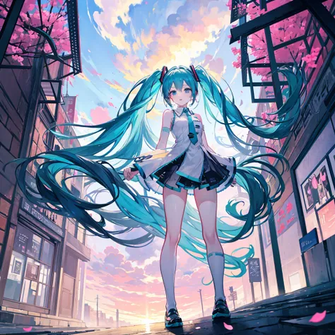 （（top quality））、（（masterpiece））、（（High Precision））、（（details））、Hatsune Miku、front、Future cities can be seen in the distance、Spectacular scenery with depth、clear々A sky that is so bright, large, and has a great sense of perspective、that continues far and wid...