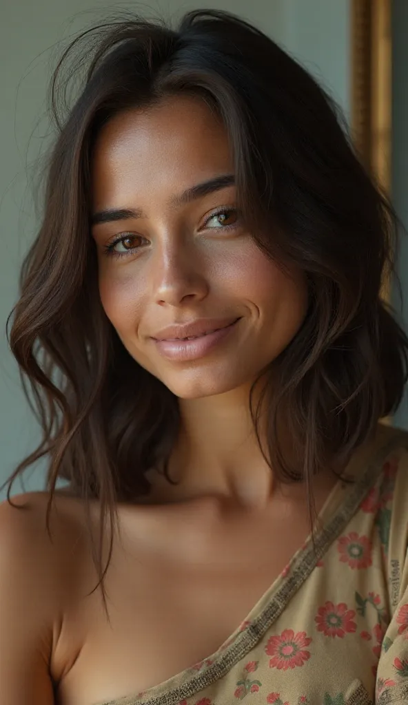 A photorealistic portrait of a young woman, tanned skin, shoulders-up, with dark brown wavy hair at shoulder length, dark brown eyes, and a calm expression. Soft, natural lighting with a simple, neutral background. Highly detailed, high-resolution photo st...