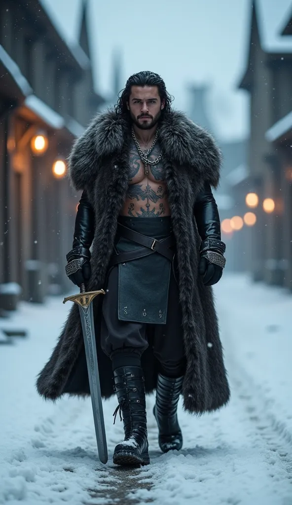 Jon Snow walks alone down the snow-covered medieval street, his muscular body highlighted under a giant wolf skin coat with silver details and a thick chain around his neck. His tattooed arms display ancient runes and a giant wolf on his back. He wears pat...