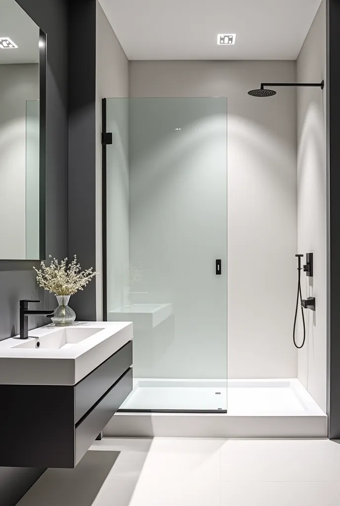 Bathroom design monochrome colored. One wall with Left side door and sink and right side Shower cabin