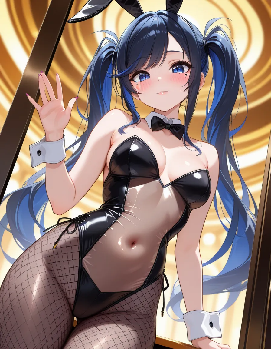 ((dark blue eye)),(masterpiece, best quality, ultra detailed, highres, 1girl ),busty,model-like physique,Alone, dark blue hair yellow inner hair,yellow inner hair,mole under left eye,big eyes,8k,light makeup,shiny skin,blushing like crazy,glossy lip,Very b...