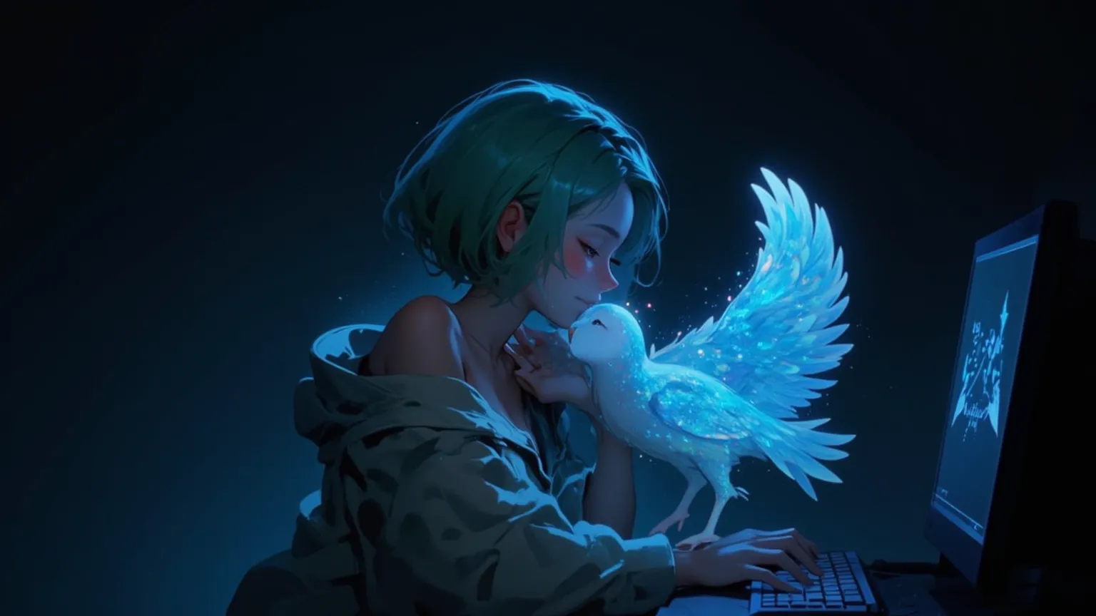 (young nowadays girl, green short bob hair shining in beautiful color, fine hair, large breasts, beautiful face, fresh smooth skin, lovely fluffy large soft cropped hoodie,  from front above diagonal bird's view, smiling ease to desktop monitor), (desktop ...