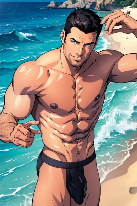 A full shot of a Italian man, 36-year-old, 1.90 tall, short black hair, blue eyes, adonis physique, six-pack abs, v body shape, g-string, massive bulge very nice detailed outlined,smiling,sun-kissed, beach,playing waves near him 