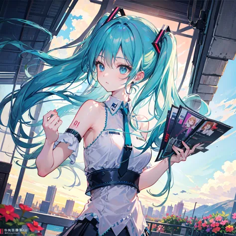 （（top quality））、（（masterpiece））、（（High Precision））、（（details））、Hatsune Miku、front、upper body、Breasts are small and flat、The city of the future can be seen very far、Spectacular scenery with depth、clear々The blue sky is so bright, wide, magnificent, and has a...