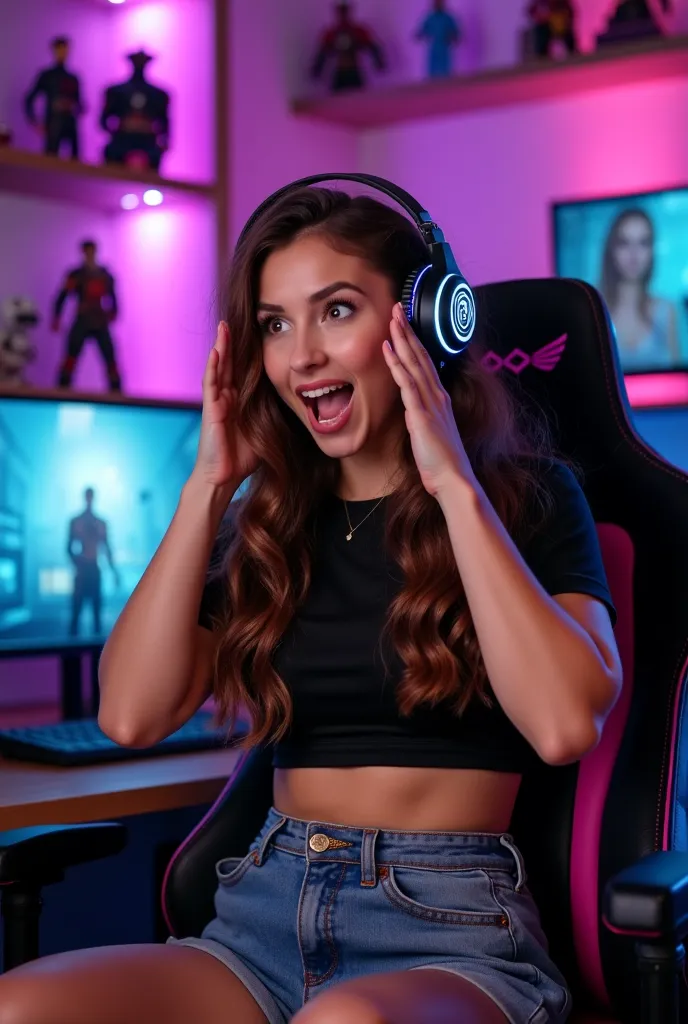 A young, curvy woman with long wavy hair, wearing an RGB-lit gaming headset. She is dressed in a black cropped top and denim shorts, sitting in a high-back gaming chair with neon accents. The setting is a gaming room with LED lights on the walls, monitors ...