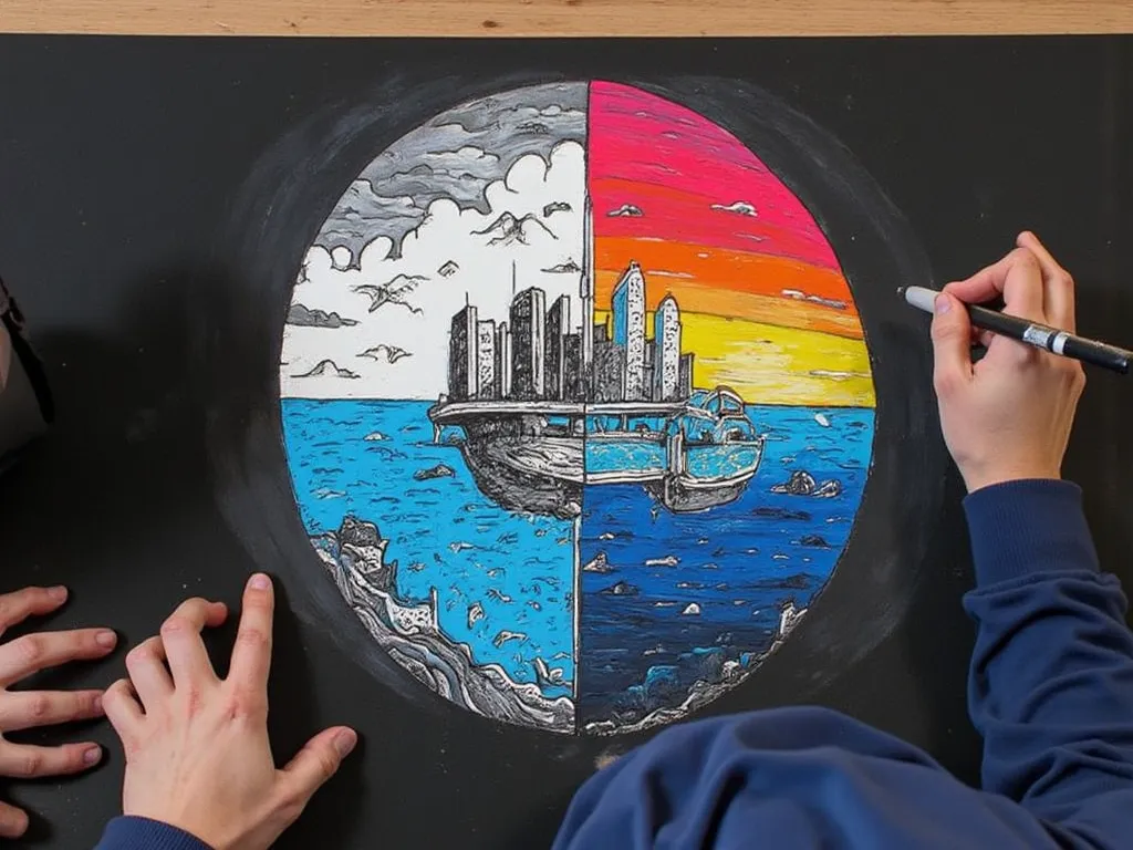 A student is drawing on the blackboard showing a chalk painting of a split image of a modern floating cityscape over the vast dark blue ocean, divided into two contrasting halves. The left side is black and white, while the right side is in vibrant, full b...