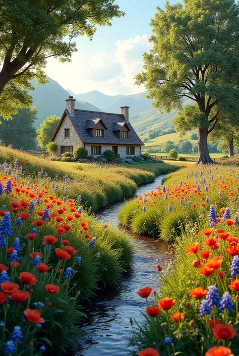 Hyperrealistic depiction of a vibrant cottagecore countryside. A charming stone cottage nestles amongst rolling hills. Wildflower meadow with abundant, intensely colorful blooms – poppies, cornflowers, daisies, lupines. Cozy atmosphere, sunlight dappling t...