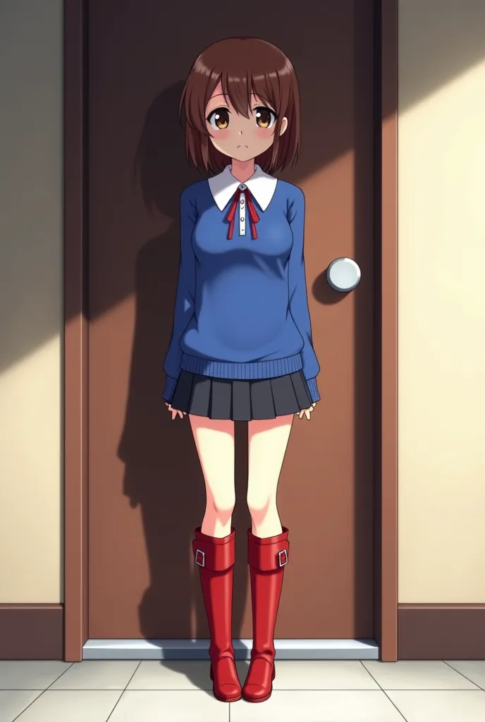 anime girl with a blue shirt and red boots standing in front of a door, an anime drawing by Shingei, pixiv, shin hanga, marin kitagawa fanart, anime moe artstyle, in an anime style, female protagonist 👀 :8, hinata hyuga, gapmoe yandere, cute anime girl, (a...