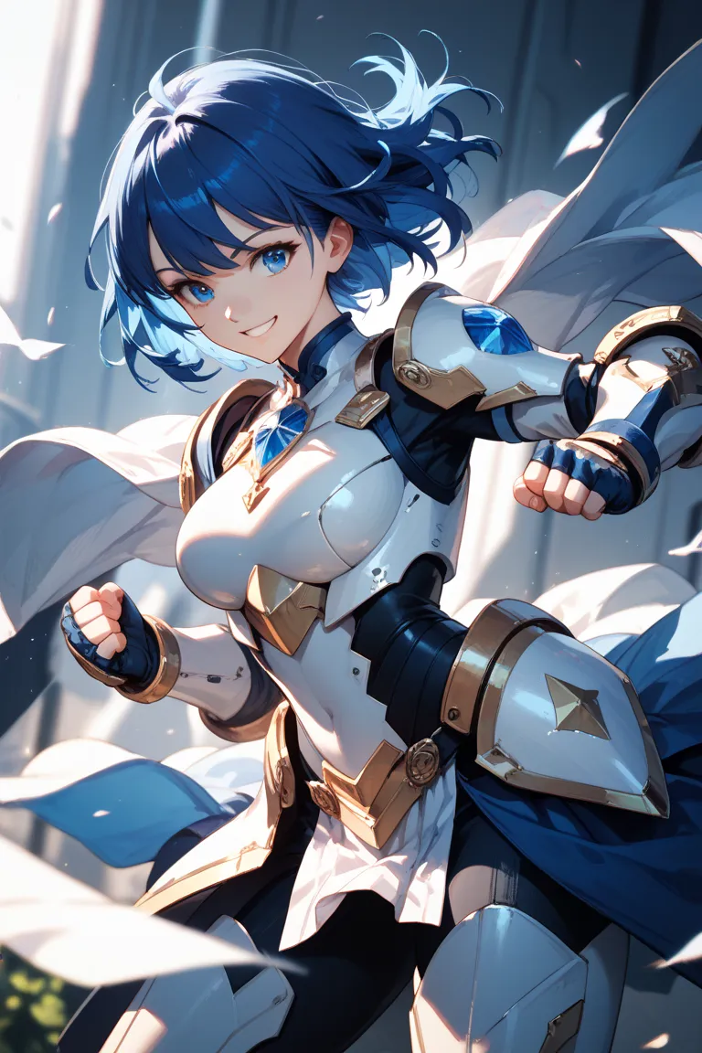 masterpiece,best quality,1girl,moonlight,depth of field,smile,blue bob hair,fighting pose,white mecha armor