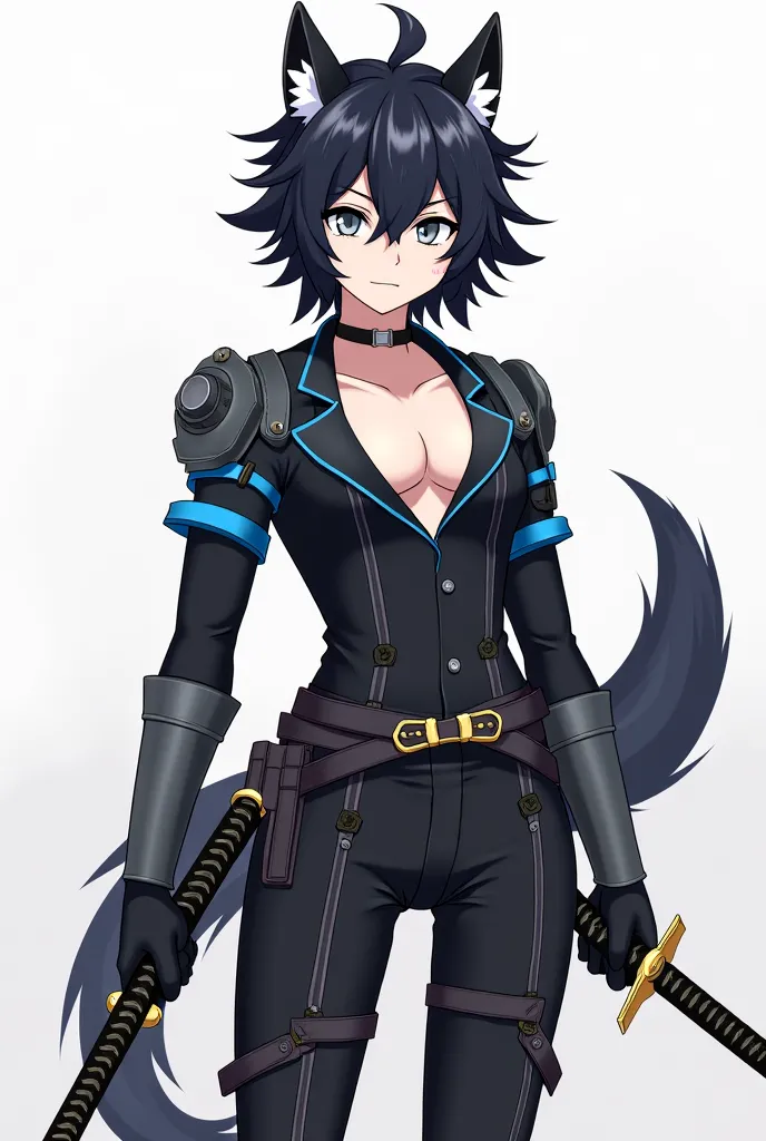 Anime  about 16 or , dark hair, with a disheveled and rebellious medium-length style with some tufts of white dyed, Some not so long horns on the head, with wolf ears and also a long wolf tail, black hair color. One left eye is gray and the other is gold, ...