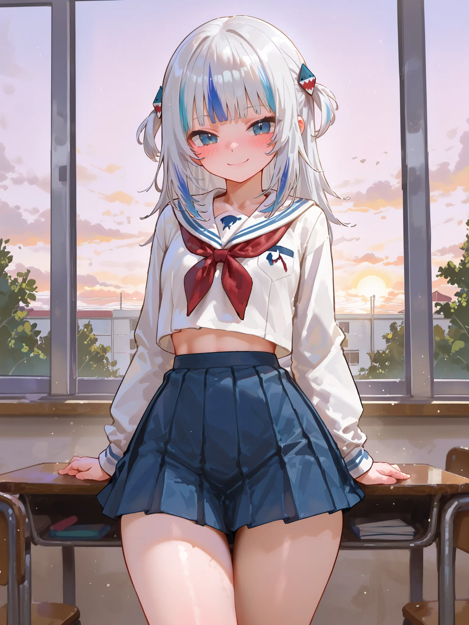 (Masterpiece), (best quality), 4k, 8k, flawless, (detailed), hololive, school, (aesthetical background), beautiful evening, 1girl, Gawr Gura, beautiful, cute school uniform, slim, sexy thighs, small happy smile, blushing, detailed girl, 748cmstyle