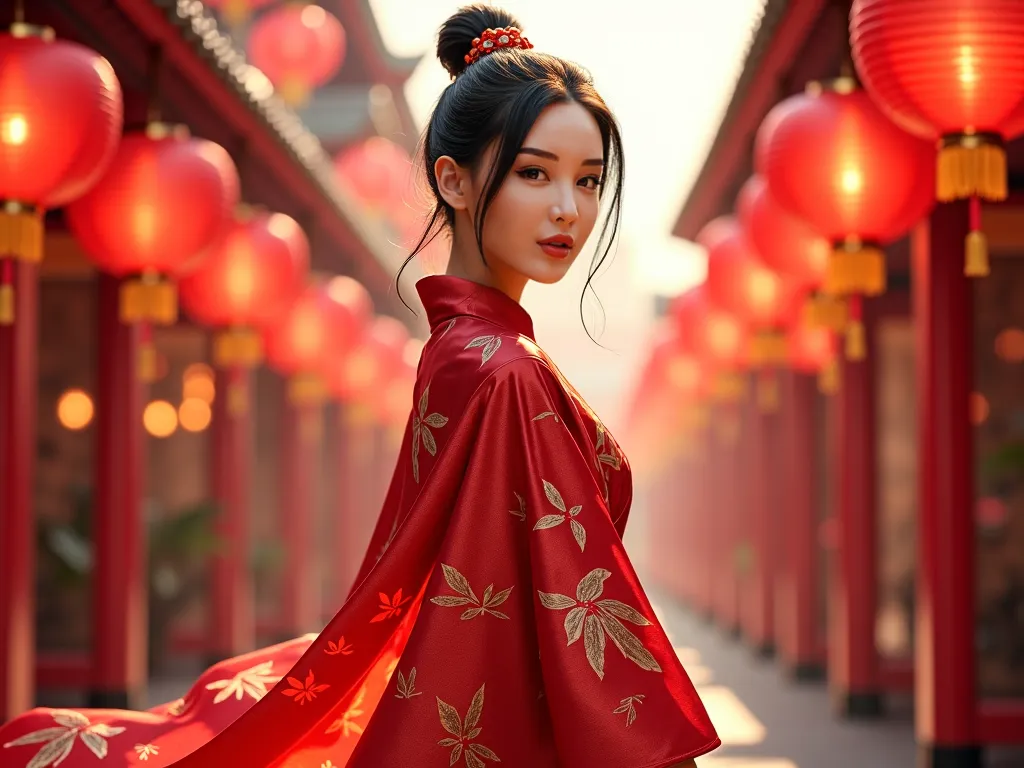 Chinese New Year Celebration Element，red lantern， A Beautiful Asian Girl，Fit Low Chest Red Orchid Pattern Short Flags Robe with Red Boots