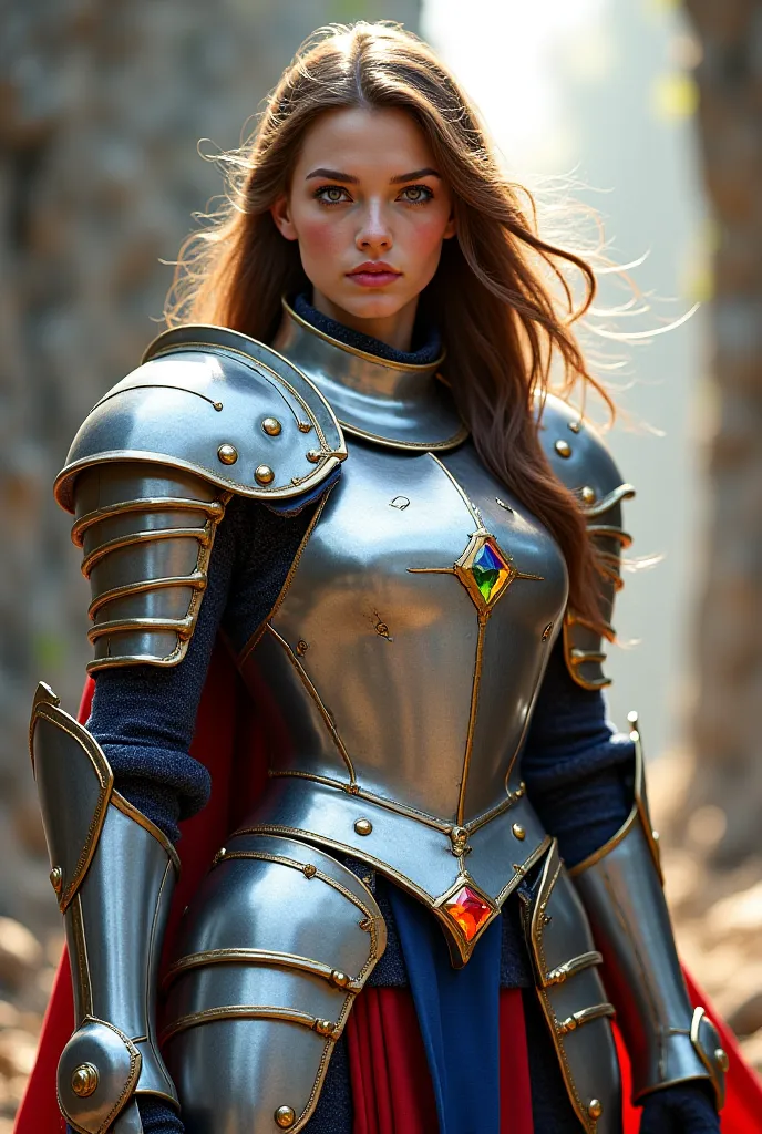 girl-knight with brown hear wearing silver armor with rainbow gems adorned in it