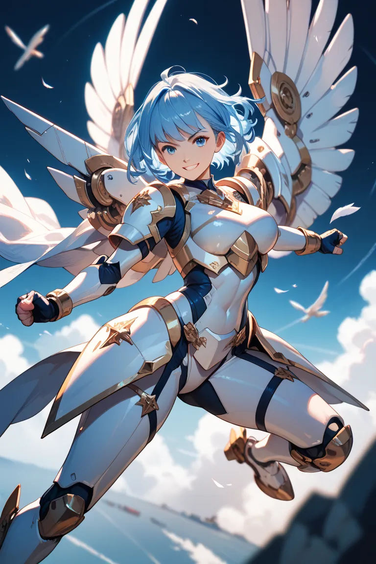 masterpiece,best quality,1girl,moonlight,depth of field,smile,blue bob hair,fighting pose,white mecha armor,flight