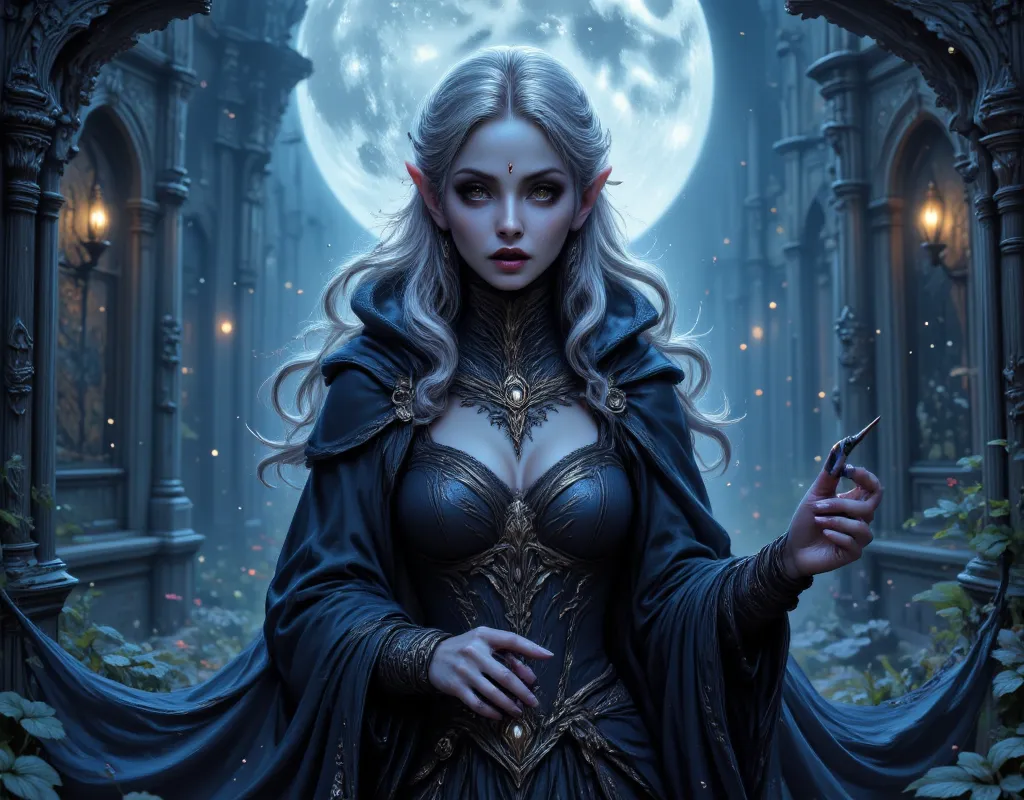 anime comic illustration fantasy art, gothic art, (masterpiece:1.5), full body best details, highly detailed, best quality, Glowing Red, highres, full body portrait of a vampire, elf (Masterpiece, best quality: 1.6), ultra feminine, wizard, (intricate deta...