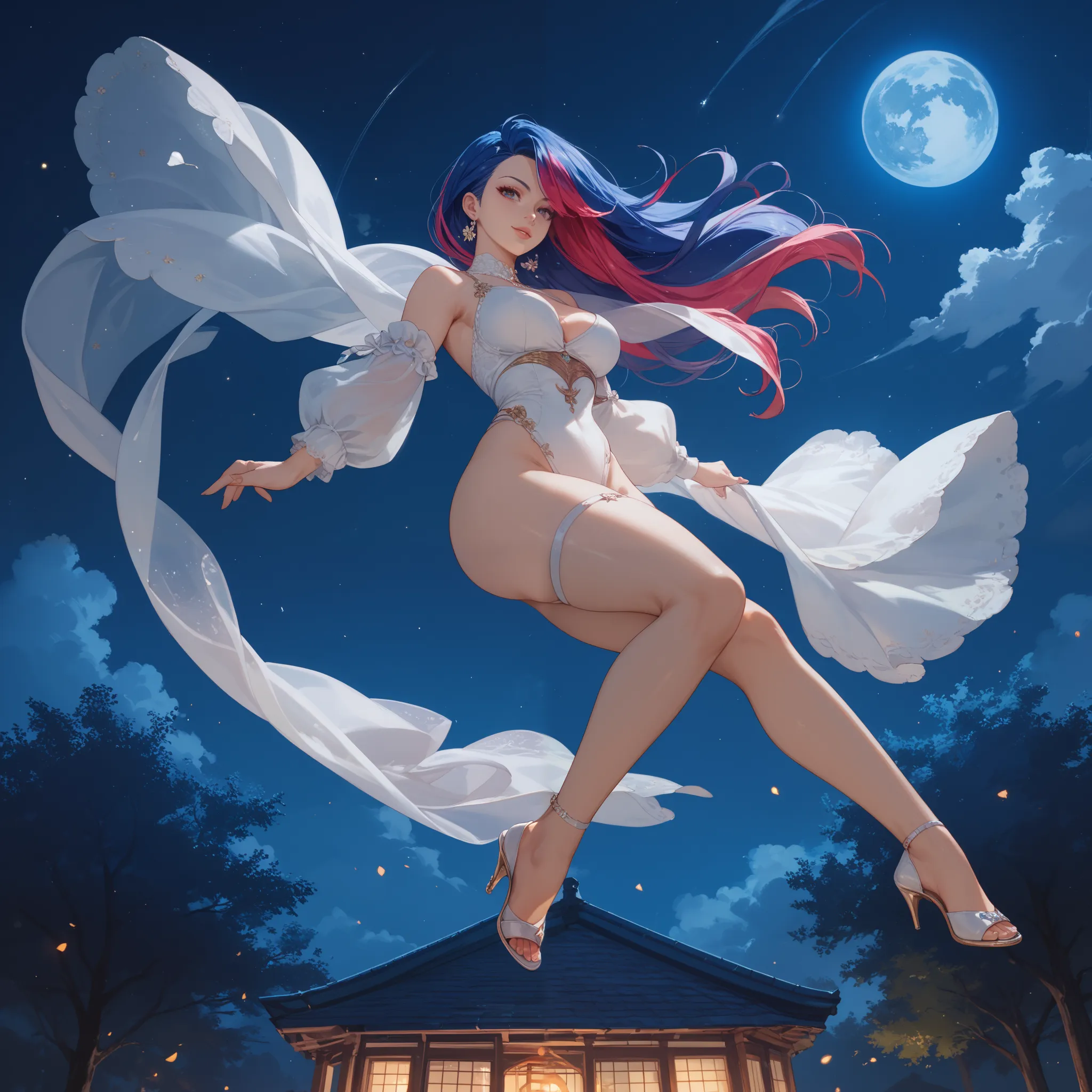  anime woman night,(((random color hair))), long hair, full body, in perspective(((body with beautiful curves, in the air))) 