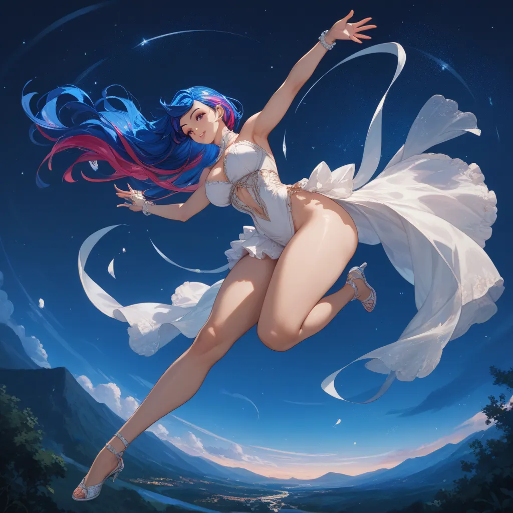  anime woman night,(((random color hair))), long hair, full body, in perspective(((body with beautiful curves, in the air))) 