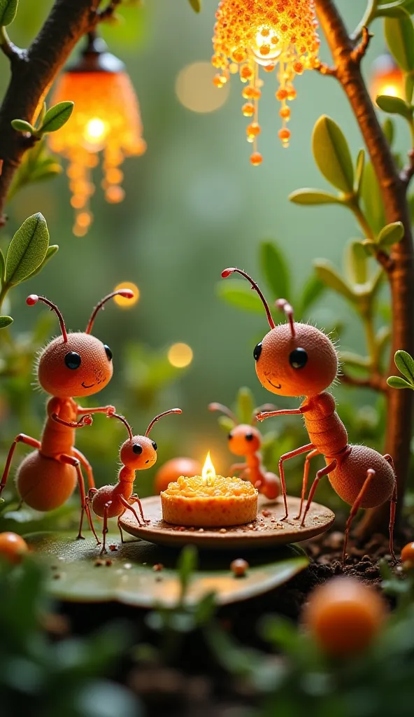 "A tiny, bustling world hidden inside a garden, where small insects like ants, bees, and ladybugs live like humans. The scene is set in a cozy miniature restaurant made from leaves, twigs, and flower petals. Tiny ants wear chef hats while they chop vegetab...