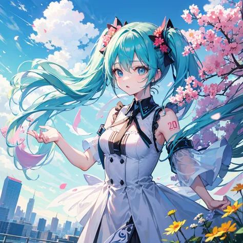 （（top quality））、（（masterpiece））、（（High Precision））、（（details））、Hatsune Miku、front、upper body、Breasts are small and flat、The city of the future can be seen very far、Spectacular scenery with depth、clear々The blue sky is so bright, wide, magnificent, and has a...