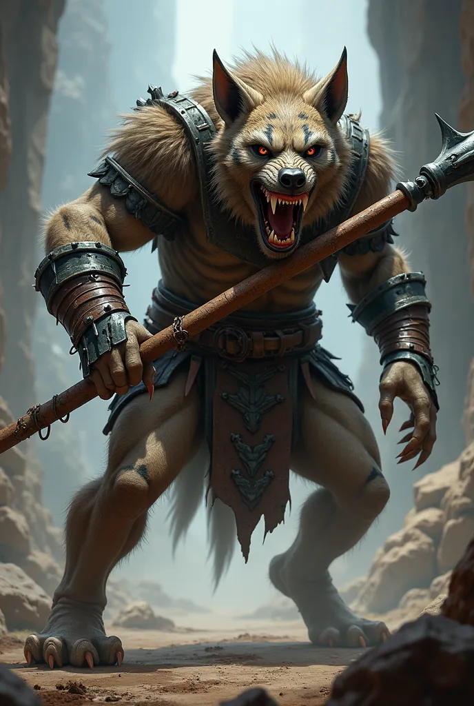 Gnoll, DND, Fantasy, Javelin, Slobbering, Fangs, Open Mouth, Grey Brown Hide, In Attack, Hyena Head, Spotted Hyena Body, Chain Armor, Leather Helmet