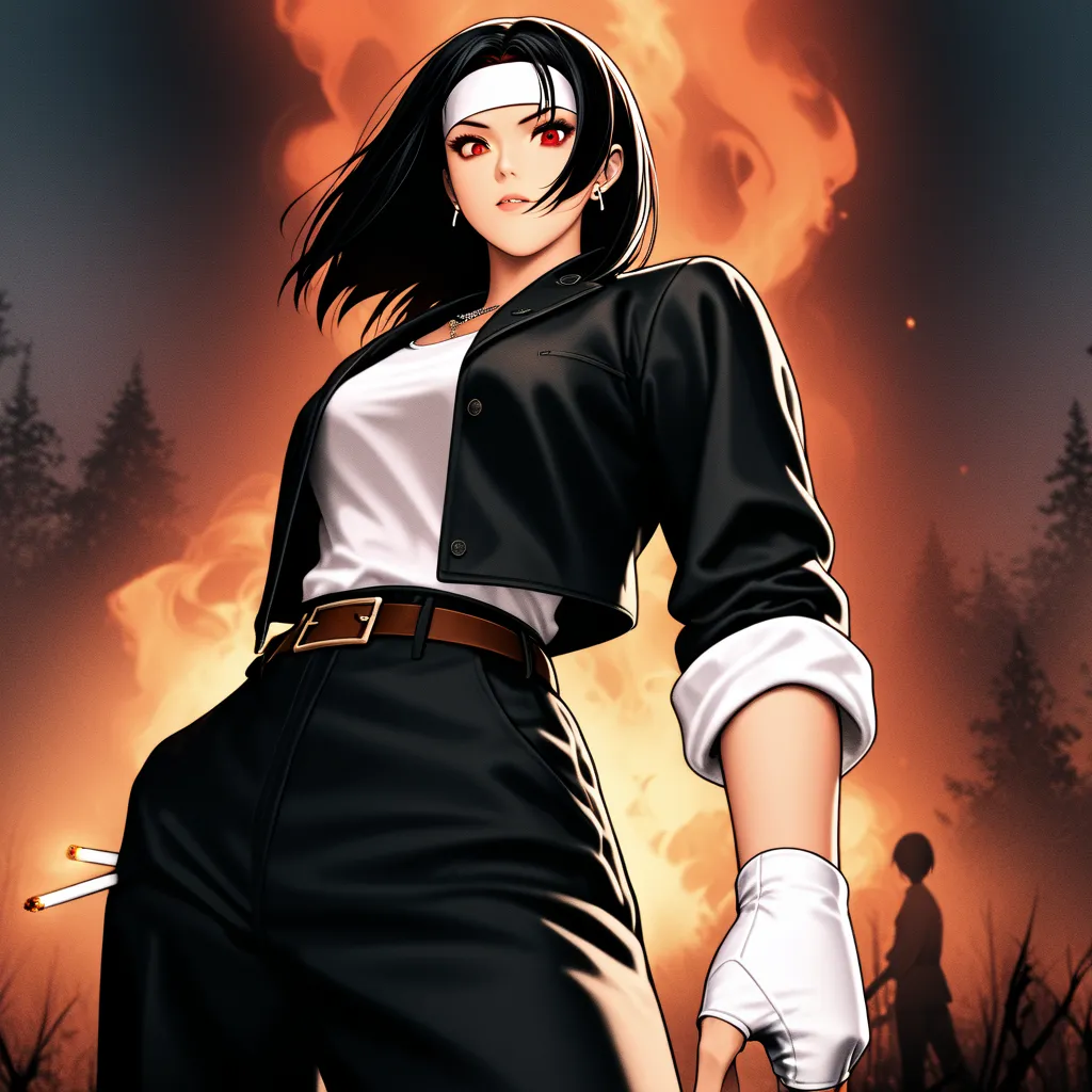 1 Japanese girl , narrow eyes, red eyes, black hair, looking at viewer, thin waist, small earrings, necklace, (smoke, she is holding cigarette in mouth with one hand:1. 0), ((black jacket with rolled up sleeves)), fingerless gloves, white T-shirt, ((white ...