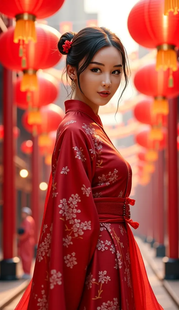 Chinese New Year Celebration Element，red lantern， A Beautiful Asian Girl，Fit Low Chest Red Orchid Pattern Short Flags Robe with Red Boots