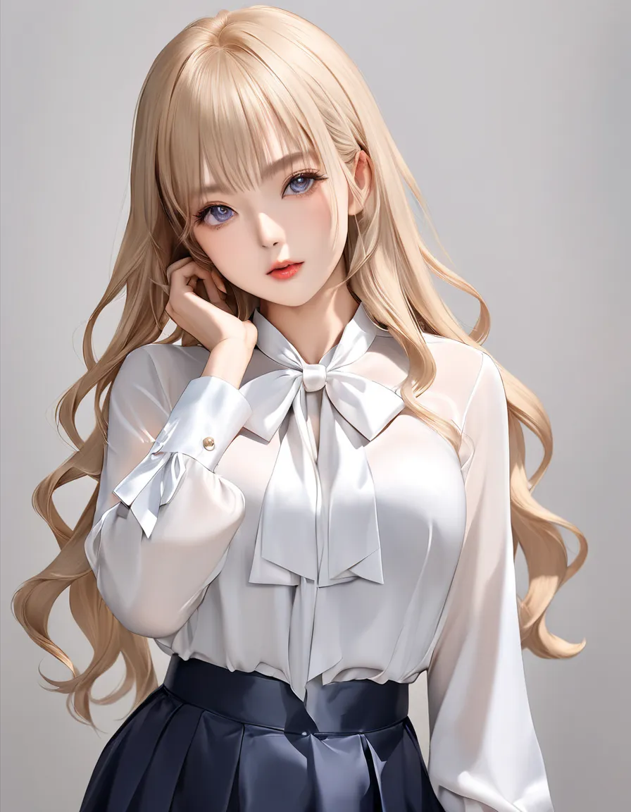 bow blouse, animetoreal, A photorealistic portrait, full-body shot, beautiful Japanese women standing at a slight angle facing the camera, blonde semi long hair, High-resolution, detailed, sharp focus, crisp lines, defined edges, clear details, hyperrealis...