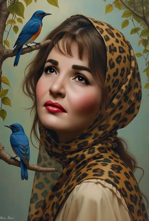  A portrait of a young lady with a charming expression, she is wearing a leopard print headscarf, showing the delicate details and texture of the picture, sharing a sense of endless beauty. Oil painting style, inspired by soft, lighting, high color palette...