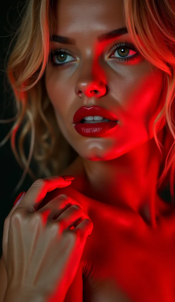 *"A breathtaking blonde woman with golden tan skin and piercing green eyes is captured in an intimate, cinematic close-up. Her delicate hand, adorned with long, perfectly manicured red nails, slides slowly over her bare shoulder and neck, leaving faint, ta...