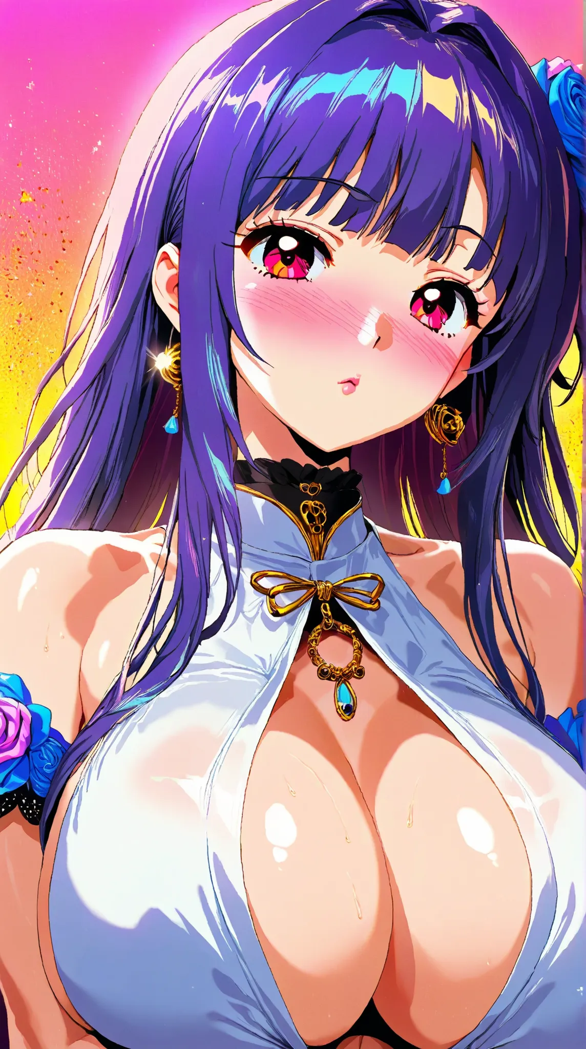 80s glam rock style, korean girl, huge breasts, cleavage, 16K, ultra-detailed, manga, anime, Kizi，Highly detailed, Amazing work，Vitreous luster, blues, purples, reds, Best quality at best，shiny skin, colorful background, orange background, pink background,...