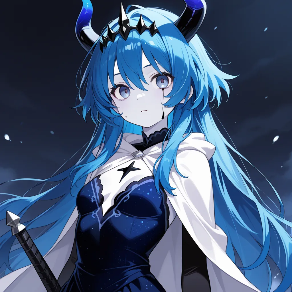 The Horseman of Despair looks like a pale girl with blue hair that gets darker and turns black at the end of her hair. Her head is covered with a tiara that has three shovel-shaped tips. Half of her head is black with sharp horn segments coming out of her....