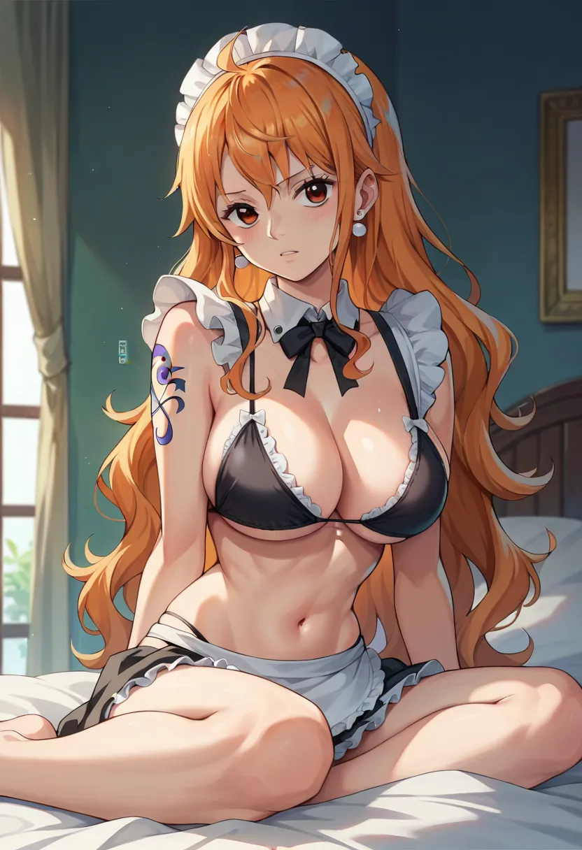 nami_post, orange hair, long hair, wavy hair, side locks, brown eyes, large breasts, shoulder tattoo, maid bikini, maid, maid bikini, black bikini, sitting