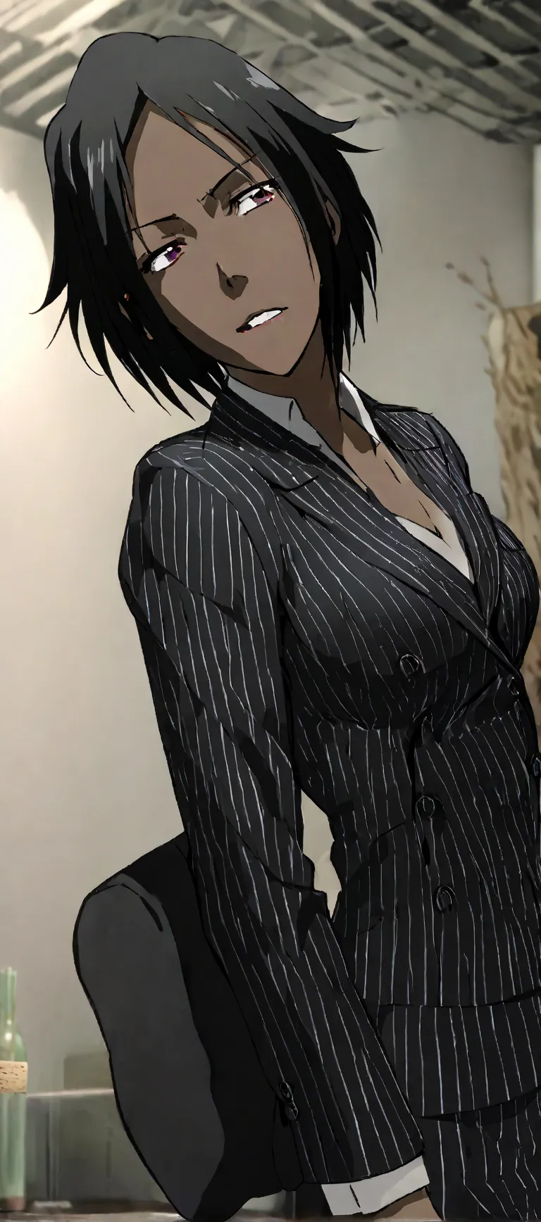 Thin Black business woman with cornrows while wearing a black pinstripe suit and pinstriped skirt on HD