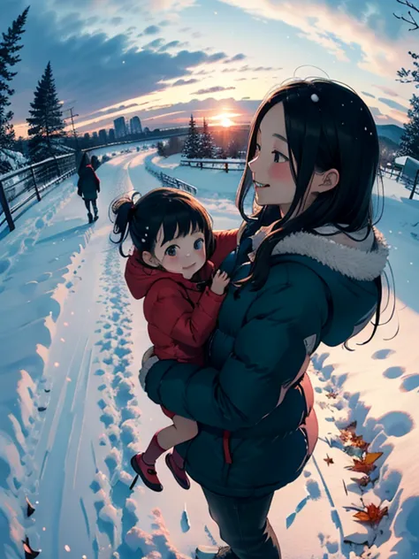  masterpiece， top quality，   oconnor   ，( super flats ，Flat shade   )， fisheye lens ，glass，   beautiful black hair ，beautiful and adorable little mother and lovely little daughter:1.2， warm muffler  ， down jacket in the snowy mountains，(naked)，  long hair，...