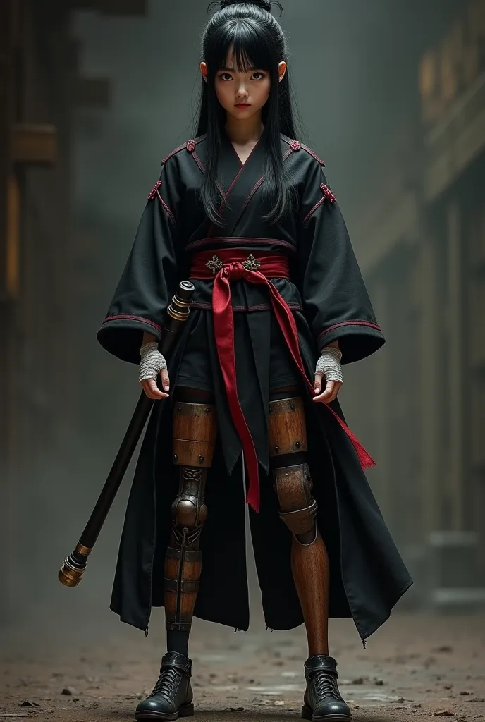 A black-haired Japanese girl in a black ninja costume with red, her legs are wooden prosthesis and has bandages on her knuckles 