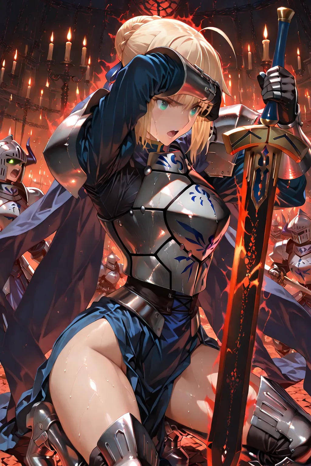 (solo, saber, fate:  blonde hair, green eyes), (low bun hair, armor plate, iron shoulders, iron boots),(excalibur sword), deep eyes, break: (dark dungeon), candles lights, (dark art, army dark swordmans),Masterpiece, Absurdres, Anatomically correct, lms, d...