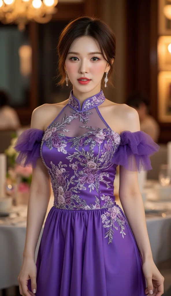 A beautiful woman, standing in the dining room,  front facing, using a long chinese dress covered in purple, big boobs,  slim waist, red lips,