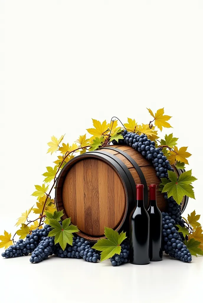 the background is completely white, , a large oak barrel lies on its side and is wrapped in a vine with leaves (half of the leaves are yellow, half of the leaves are green) and there are a lot of small bunches of grapes (dark grapes are very beautiful), th...