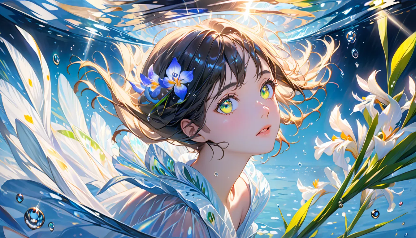  A girl swims underwater , Ultra Detailed Rendering Style,Shine,  yellow,green,Brush, Ultra Realistic Oil Painting  ,Sparkling Eyes,head, exaggerated point of view ,tyndall phenomenon,Water Drop,Mother of Pearl Iris, holographic white ,black background,