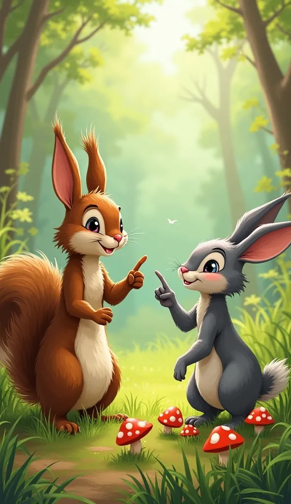 Make an illustration of this of a brown squirrel and a gray rabbit pointing at him with his finger " Ready, they came to a patch of tall grass with shiny mushrooms. The mushrooms were whispering, “Beware of the riddles that lie ahead!” Ruby shuddered, but ...