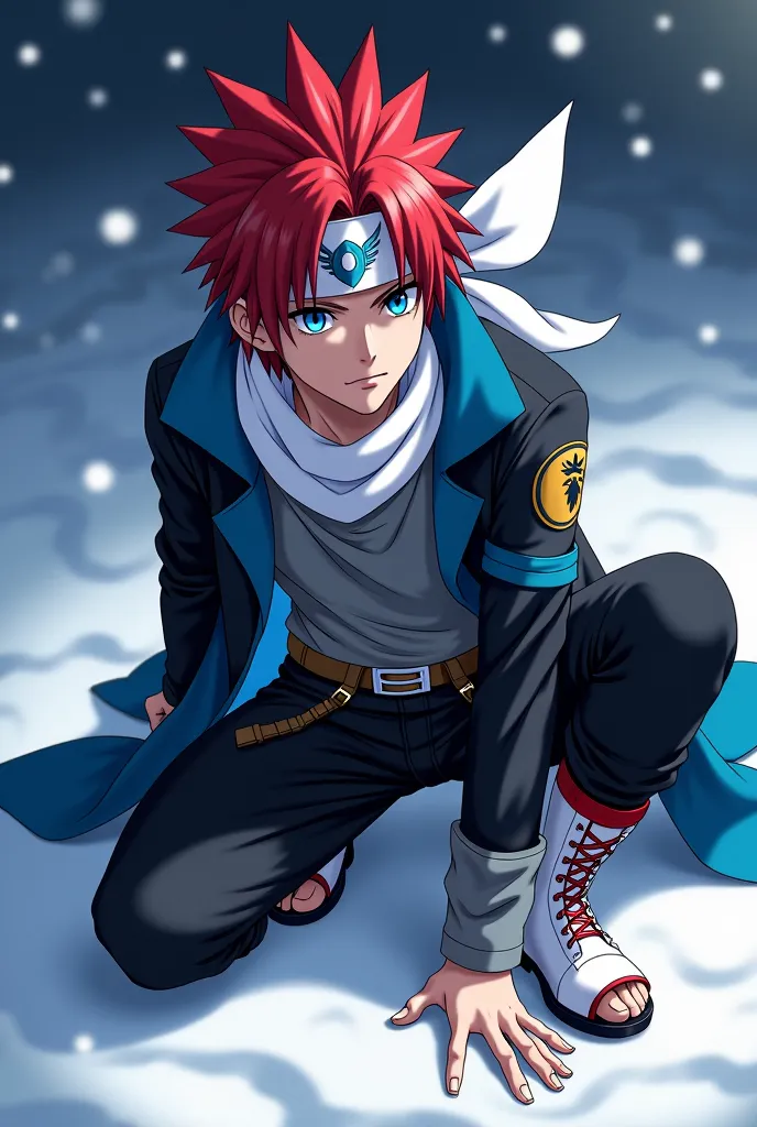 only 1 realistic man, Super handsome man with seductive eyes, red hair with a hairstyle similar to the character Sasuke, but wears white bandana, with blue phoenix symbol, very blue eyes, like heaven, very clear, Asian, wearing a beautiful short black jack...