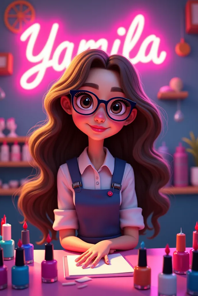 Pixar cover ,long wavy brown hair,with glasses,With neon letters that play Nails Yamila,dressed as a manicurist, on a table with lots of nail polishes 