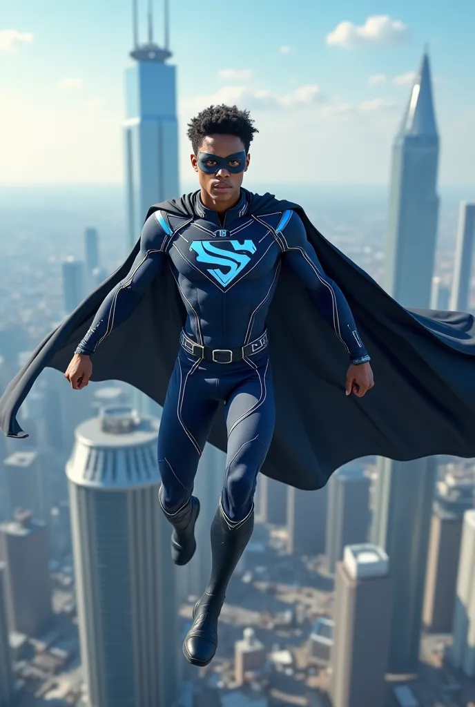 "Create a character for a comic book: a young black man, with short and dark hair, not very defined body ( Slim and agile ). He wears a blue uniform with white details, a mask that covers his eyes and a black cape. The character has flying powers, super st...