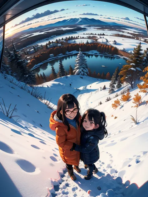 masterpiece， top quality， oconnor ，( super flats ，Flat shade  )， fisheye lens ，Glasses，， beautiful black hair ，beautiful and adorable little mother and lovely little daughter:1.2， warm muffler ， down jacket in the snowy mountains，(naked)， long hair，smile, ...